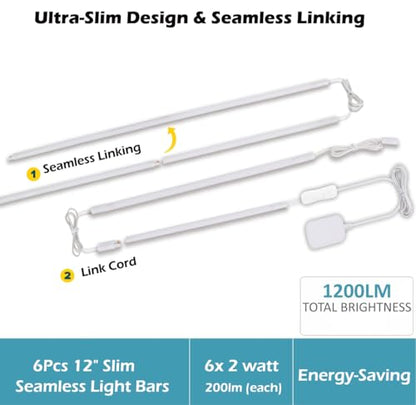 Cefrank 6-Pack Linkable Under Cabinet Lighting, 12" LED Shelf Light Bars - color: White