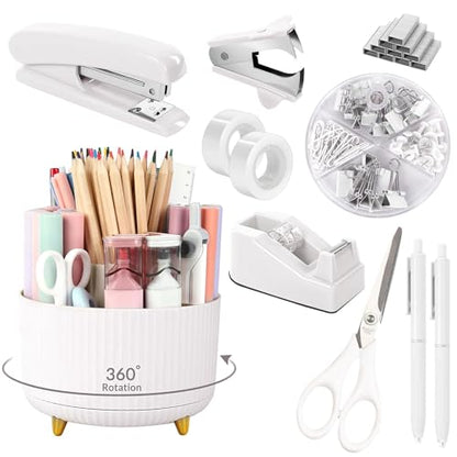 SKYDUE White Office Supplies Set, Office Desk Accessories 10PCS, Pencil Holder for Desk, Stapler, Tape Dispenser, Scissors, Ruler, Binder/Paper Clips and 1000pcs Staples,Desk Supplies Set - color: White