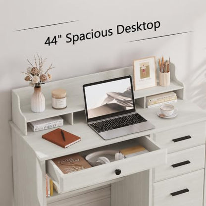 4 EVER WINNER Small Desk with Drawers for Small Spaces, 44'' Computer Desk with File Cabinet & Monitor Stand, Wood Writing Desk for Bedroom, Living Room, Off White - color: Off White