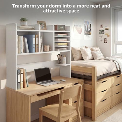 NUTIKAS Desktop Bookshelf for Computer Desk - 36" Desk Hutch Organizer with 4-Tier Paper Tray, Tabletop Storage Rack for College Dorm Room Essentials, Home Office Shelving, White