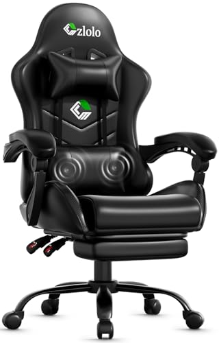 Czlolo Gaming Chair with Footrest Racing Style Lumbar Support Massager Video Game Chair with Metal Legs, High Back Gamer Chair with Headrest, 360° Swivel Office Computer Desk Chair (Black) - color: Black