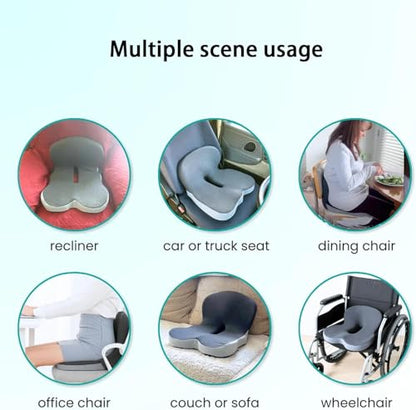 Celinva Orthopedic Cushion,Ergonomic Memory Foam L-Shaped Integrated Seat Cushions with Adjustable Strap,Ultra Breathable Non-Slip Design for Office Chair,Car,Wheelchair (Black+Gray)
