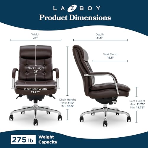 La-Z-Boy Sonata Executive Mid-Back Office Chair, Button-Tufted Seat and Back, Double-Layer Cushion, Padded Armrests, Ergonomic Computer DeskChair, Swivel Metal Base, Bonded Leather, Dark Brown/Chrome - color: Dark Brown and Chrome