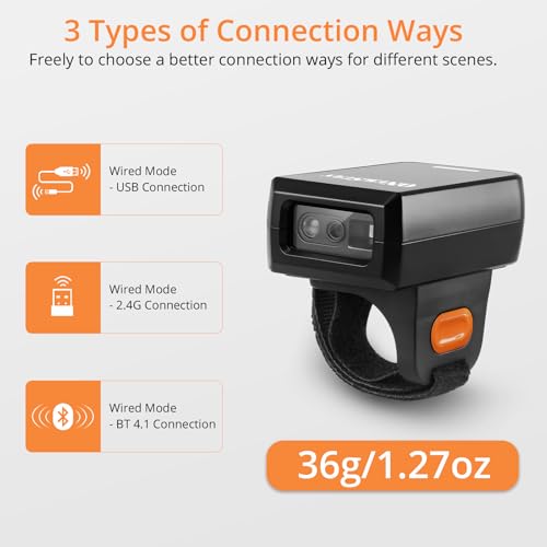 Finger Ring Barcode Scanner,Mini 3-in-1 Barcorde Scanner Wireless Wearable Scanner with 2.4GHz Wireless & Wired Connection & Bluetooth Bar Code Scanners for iOS Android Win Warehouse Store
