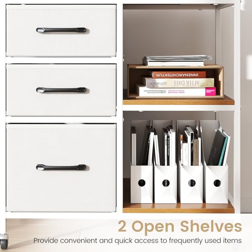 GOFLAME 3 Drawer Mobile File Cabinet with Charging Station, Rolling Printer Stand with Open Storage Shelves, Wooden Storage Cabinet on Wheels for Home Office (Natural and White) - color: Natural and White