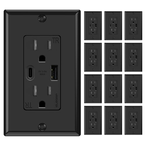 ELEGRP Wall Outlets 12 Pack, 15 Amp Wall Outlets Receptacles, Outlets with A and C Ports, Tamper Resistant Receptacle, Wall Plate Included, UL Listed, Black - color: Black, size: 15 Amp Outlet