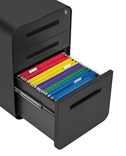 Laura Davidson Furniture Stockpile 3 Drawer File Cabinet with Lock - Under Office Desk Metal Filing Cabinet, Legal/Letter File Folders, Wheels and Stationary Feet, Pre-Assembled, Black - color: Black
