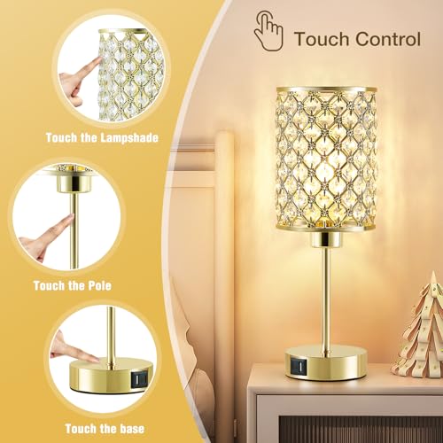 Crystal Table Lamp, Gold Touch Lamp with USB C+A Port, 3-Way Dimmable - color: Gold, size: 14.75"