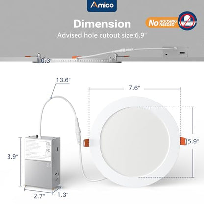 Amico 12 Pack 7 Inch LED Recessed Lighting, Canless Wafer Downlight, White | 5CCT 2700K-5000K, 5%-100% Dimmable, Ultra-thin, Metal housing, 1300LM 15W 120V, IC & Damp Rated, ETL & FCC, 50000h Life Span - color: White, size: 7 Inch