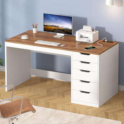 47 Inch Small Computer Desk with 5 Drawers and Outlets for Home Office - color: Brown and White, size: 47inch-5drawers