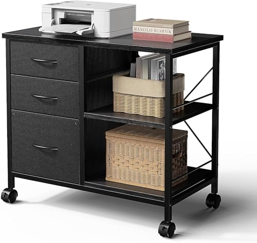 Healsmart Heavy Duty Mobile File Cabinet with 3 Fabric Drawers, Rolling Printer Stand with Back Support & Open Shelf, Multifunctional Storage Organizer for Home Office, Black - color: Black, style: Modern