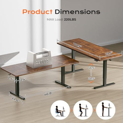 Huuger 71 x 30 Large Electric Standing Desk, Height Adjustable Computer Desk, 29.5" Deep Desktop, Stand up Gaming Office Table with 2 Hooks, 3 Preset Heights, for Home Office, Rustic Brown - color: Rustic Brown, size: 71*30 inch (no outlets)