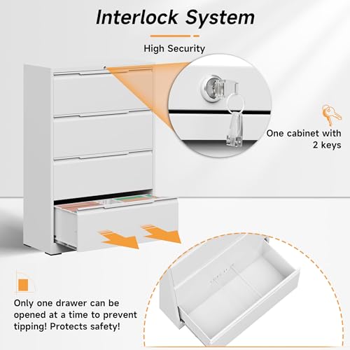 Bestoo 4 Drawer File Cabinet, Metal Lateral Filing Cabinet with Lock - color: White, size: 4 Drawer 15.7" D x 35.4" W x 51.8" H