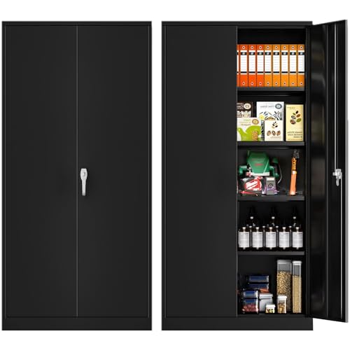 Superday 72" Lockable Steel Storage Cabinet, Locking Metal Storage Cabinets, Tall Black Cabinet with 2 Doors and 4 Adjustable Shelves for Garage, Home Office, Classroom, Pantry, File, Easy Assemble - color: Black, style: 72" Black