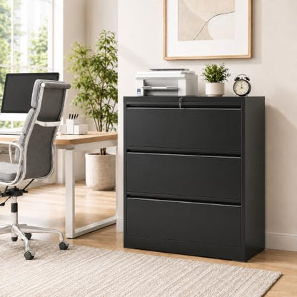 3 Drawer File Cabinet with Lock, Metal File Cabinet, Black - color: Black, size: 40.4"H - 3 Drawer