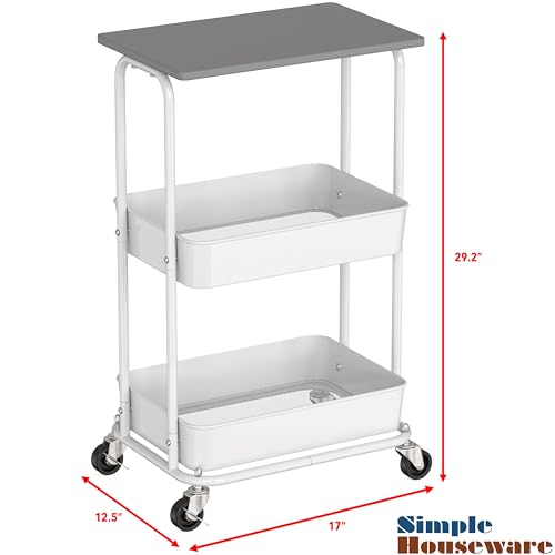 Simple Houseware 2-Tier Rolling Utility Cart Wood Top/Lockable Wheel, Gray | Metal Storage Organizer Trolley for Kitchen, Bathroom, Office, Craft Room - color: Grey