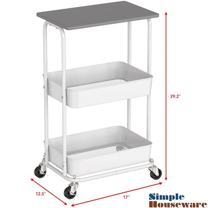 Simple Houseware 2-Tier Rolling Utility Cart Wood Top/Lockable Wheel, Gray | Metal Storage Organizer Trolley for Kitchen, Bathroom, Office, Craft Room - color: Grey