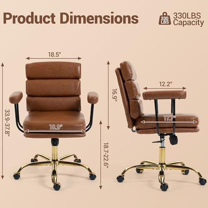 Leather Office Chair with Wheels,Ergonomic Swivel Rolling Task Chair,Padded Seat and Armrests,Adjustable Height Home Desk Chair,Executive Computer Chair, Gold Base Makeup Vanity Chair,Light Brown - color: Brown