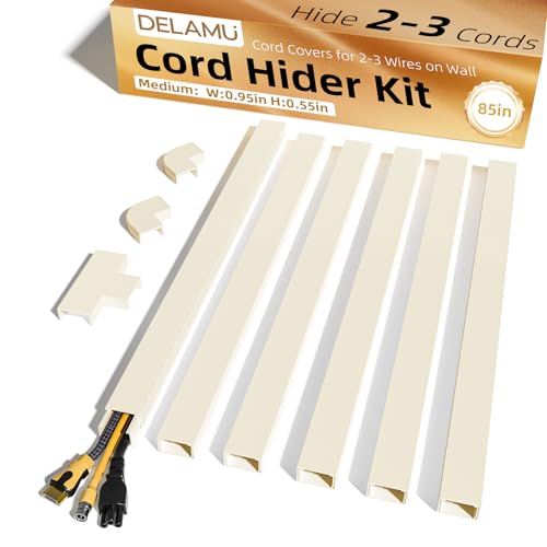 Delamu Beige Cord Hider, 85in Cord Covers for 2-3 Wires on Wall, Self-Adhesive Cable Hider, Wire Hiders Wire Covers for TV Cords on Wall, Easy Mount Cable Cover Raceway Kit, W0.95 H0.55in, Beige - color: Beige, size: 85in L x 0.95in W x 0.55in H