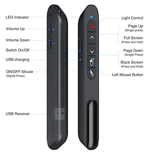 DINOSTRIKE Wireless Presenter Remote with Air Mouse Control, Rechargeable USB A&C Presentation Clicker PPT Pointer RF 2.4GhZ PowerPoint Clicker Slide Advancer for Computer Laptop Mac - color: Black