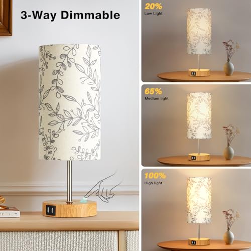 CINSARY Bedside Touch Lamps for Nightstand with 2 USB Charging Ports, 3 Way Dimmable Wood Bedroom Lamp with Flower Fabric Shade, Small Table Lamp for Living Room Reading Desk (LED Bulb Included) - color: Flower-3