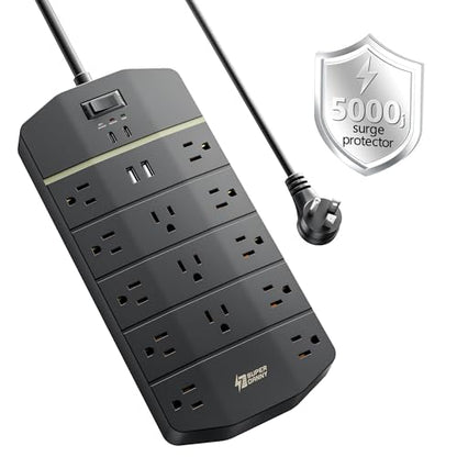 SUPERDANNY Power Strip Surge Protector 5000J, 6.5FT, 15A, PD 20W, 13 AC - color: Black, size: 6ft