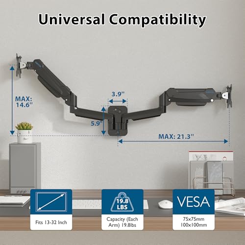 BONTEC Dual Monitor Wall Mount for 13-32 Inch Screens, VESA 75x75/100x100mm | Height Adjustable Gas Spring Arm with Tilt, Swivel & Rotate, Hold Up to 19.8 lbs, Fully Adjustable, Office & Home Use - style: Dual Arms