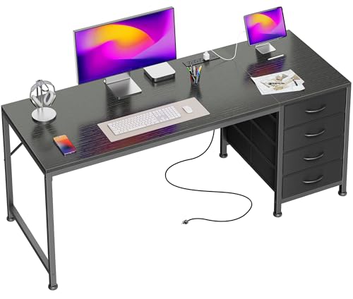 55.1 Inch Computer Office Desk with Power Outelts and USB-C Port, Reversible Gaming Desk with 4 Fabric Drawers, Work Study Desk Work from Home, Black - color: Black, size: 55 inch