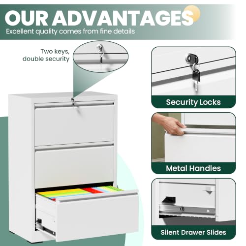3 Drawer Lateral File Cabinet with Lock, File Cabinet for Home Office,White | Heavy-Duty Steel Locking File Cabinet, Hanging Letter/Legal/A4 Size, Full-Extension Silent Drawer, Un-Assembly - color: White, size: 3 Drawers