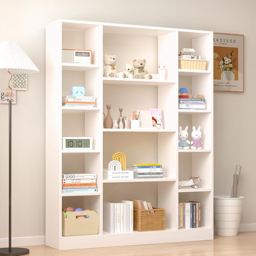 Large Cube Storage Bookcase with Base, White | Wooden Bookshelf, 10 Open Cubes, 4 Shelves, Fits 11×11" Bins, For Home & Office - color: White