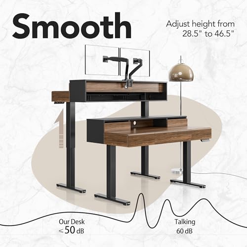 HUANUO Electric Standing Desk with Drawers, Height Adjustable, Black Walnut | 5 Storage Drawers, Whole-Piece Board, Sit Stand Up Desk with Monitor Shelf, 4 Memory Presets, Home Office Computer Desk