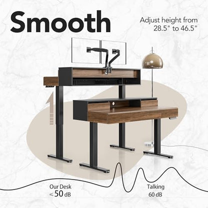 HUANUO Electric Standing Desk with Drawers, Height Adjustable, Black Walnut | 5 Storage Drawers, Whole-Piece Board, Sit Stand Up Desk with Monitor Shelf, 4 Memory Presets, Home Office Computer Desk