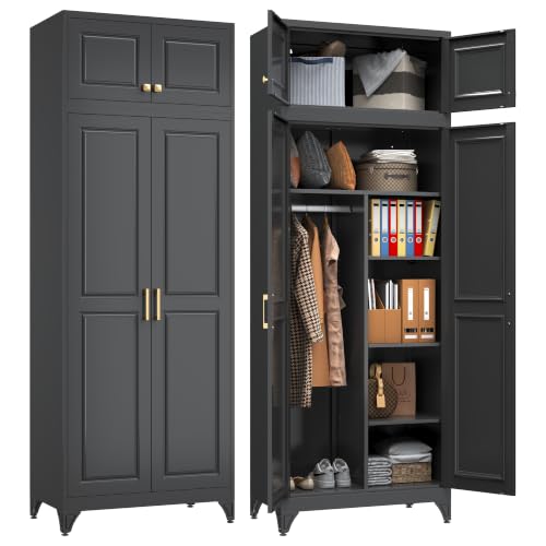 SteeLoong Armoire Wardrobe Closet,86" H Wardrobe Cabinet with Hanging Rod | Metal Wardrobe Closet with Doors,Black Clothing Storage Cabinet 3 Adjustable Shelves,Storage Locker for Bedroom,garage,Office - color: Black, style: 86"H No Lock