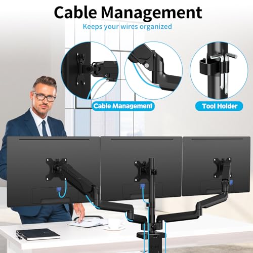 MOUNTUP Triple Monitor Mount for 17-32 inch Screens, Full Motion Triple Monitor Stand, 3 Monitors Desk Mount Holds 4.4-19.8 lbs Each, Clamp & Grommet Mounting, Black - size: Triple