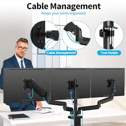 MOUNTUP Triple Monitor Mount for 17-32 inch Screens, Full Motion Triple Monitor Stand, 3 Monitors Desk Mount Holds 4.4-19.8 lbs Each, Clamp & Grommet Mounting, Black - size: Triple