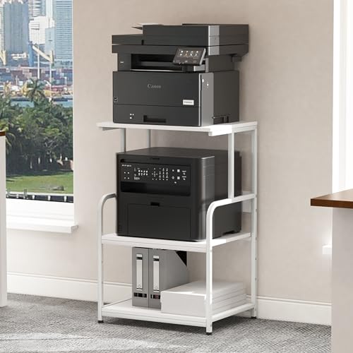 Arbuxzuy Printer Stand with Storage Shelf,3 Tier Printer Cart with Wheels,Mobile Printer Table for Home Office,Stands for Printer Heat Press Scanner Fax,Industrial Style (White) - color: White, size: Standard(19.7x15.75x30.5in)