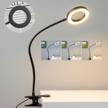 LALISU Clip on Lamp, 5X Magnifying Glass with Light LED Desk Clip Lamps - color: Black with magnifying