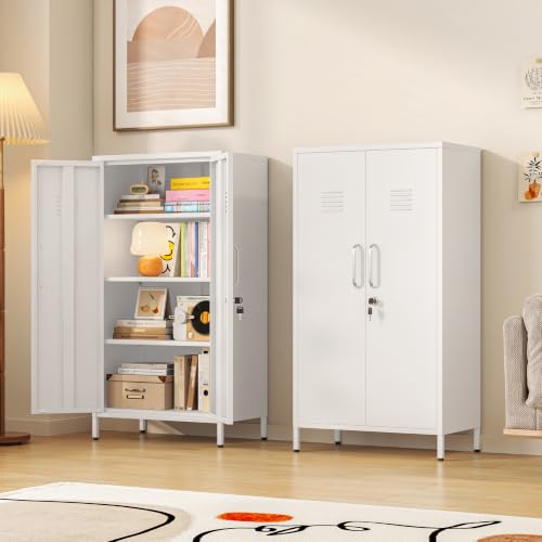 Metal Storage Locker,47" H Home Office Storage Lockers for Employees with 2 Locking Door ＆ 3 Adjustable Shelves,File Storage Cabinets forGarage, School, Office, Gym (White) - color: White, size: 47H-2D