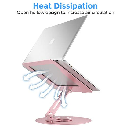 Swivel Laptop Stand for Desk, Adjustable Height Aluminum Computer Stand with 360 Rotating Base, Foldable Ergonomic Riser, Portable Laptop Holder Compatible with MacBook, All Laptops 10-17'', Pink - color: Pink