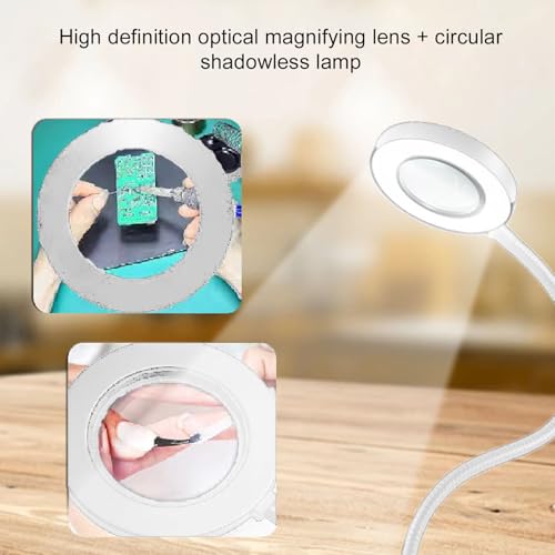 Rosvola 10X Magnifying Glass, Clip on Desk Lamp, Magnifier Lamp with Clamp, 3 Color Modes Adjustable, Flexible Gooseneck LED Desk Lamp Hands for Craft Reading Painting