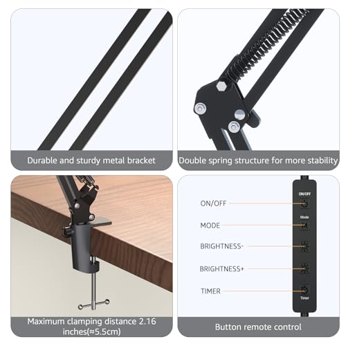 Upgrade Swing Arm LED Desk Lamp with Clamp, 80 LED Beads, 5 Color Modes & 11 Brightness Levels, 360° Adjustable Arm, Eye-Caring Light CRI95, Timer & Memory Function, for Office, Study, Crafting - color: Clip-Black