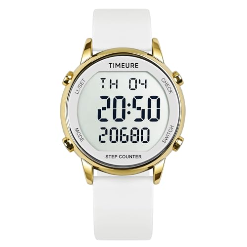 TIMEURE Pedometer Watch for Women Step Counter for Walking No App TU-2509 | No app or charging required; tracks steps, calories and distance with a large display, 30M water resistance and silicone band - color: white