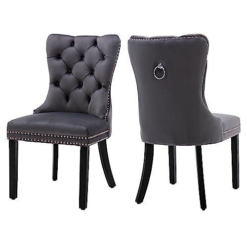 Dark Grey Velvet Dining Chairs Set of 2, Elegant Tufted&Nailhead, Wood Leg - color: Dark Grey, Wood Leg, size: set of 2
