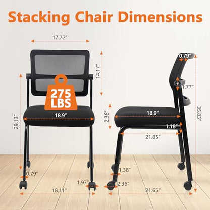 CLATINA Stacking Armless Office Guest Chair with Wheels, Stackable Mesh Waiting Room Reception Desk Chairs with Adjustable Backrest for Conference Lobby Side School, Black, 4PK - size: 4 Pack