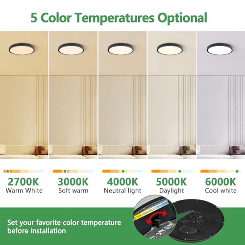 2PK 15.8Inch Dimmable Black LED Flush Mount Ceiling Light,32W,3480LM,5CCT | 2700K/3000K/4000K/5000K/6000K CCT, Black Close to Ceiling Round Flat Panel Light, Super Slim LED Ceiling Light for Bedroom - color: Dimmable - Black, size: 2PK