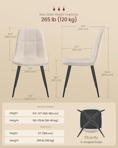 VASAGLE Dining Chairs, Set of 4 Dining Room Chairs, Metal Frame, Adjustable Feet, Easy to Clean, Chenille Fabric, Glacier-Textured Synthetic Leather, for Kitchen, Cream White UKDC188W01 - color: Cream White, size: Set of 4 (PU+Fabric)