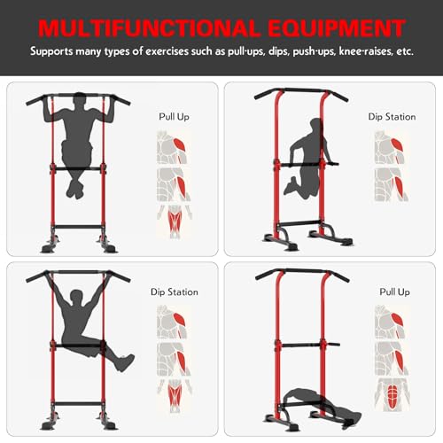 soges Power Tower Pull Up Bar Station, Free Standing Pull Up Rack Dip Station for Home Gym, Height Adjustable Home Strength Training Fitness Workout Equipment - color: Red