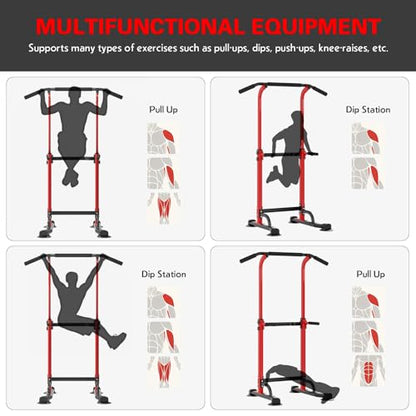 soges Power Tower Pull Up Bar Station, Free Standing Pull Up Rack Dip Station for Home Gym, Height Adjustable Home Strength Training Fitness Workout Equipment - color: Red