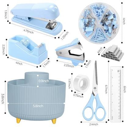 SKYDUE Blue Desk Accessories 11Pcs with Rotating Pen Holder for Desk | Included Stapler with Staples, Staple Remover, Tape Dispenser,2pcs Tape Refills, Binder Paper Clips Kit, Scissor, 2pcs Pens - color: Blue