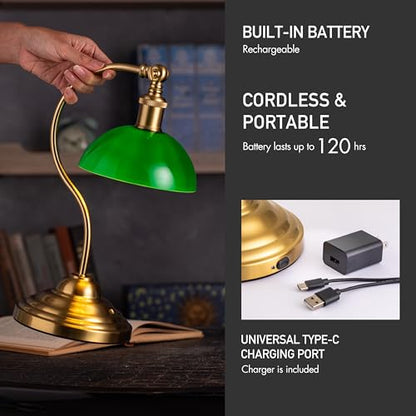 O'Bright Bankers - Cordless LED Table Lamp, Battery-Operated, Rechargeable, 3-Level Dimming, Universal USB-C Charging, 180° Swivel Head, Classic Green Glass Shade, Antique Brass - color: Antique Brass-Green Glass